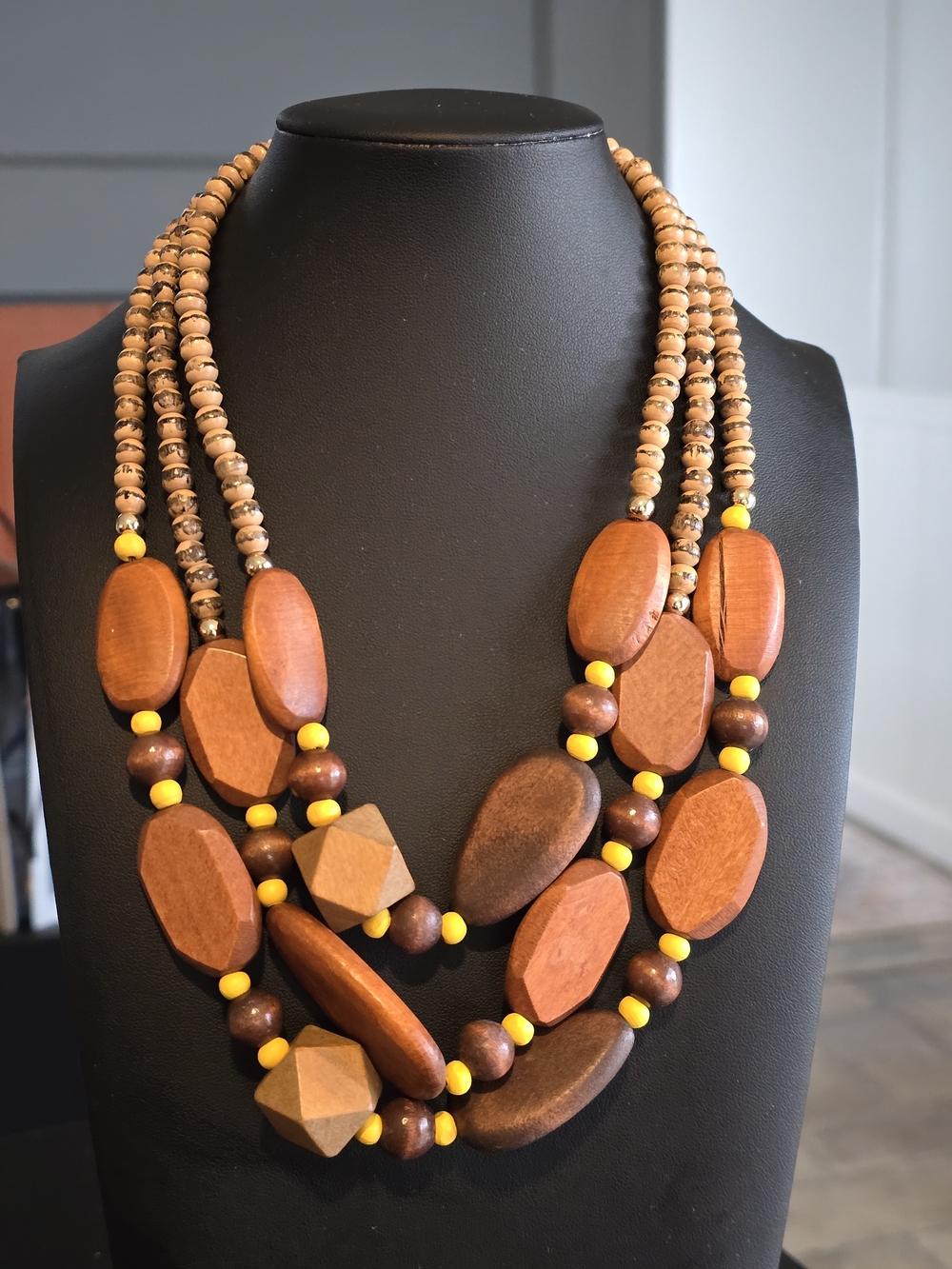 Multi-Strand Wooden Bead Necklace in Brown and Yellow